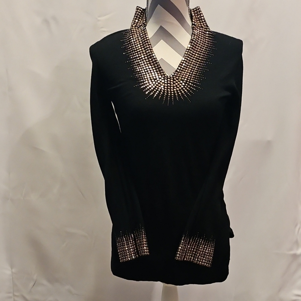 Tory Burch Black V-Neck Sweater with Gold Accents